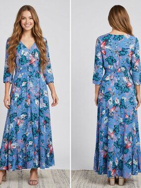 Boho Floral Maxi Dress Blue Tropical Print Smocked Waist V-Neck Rayon Size XL